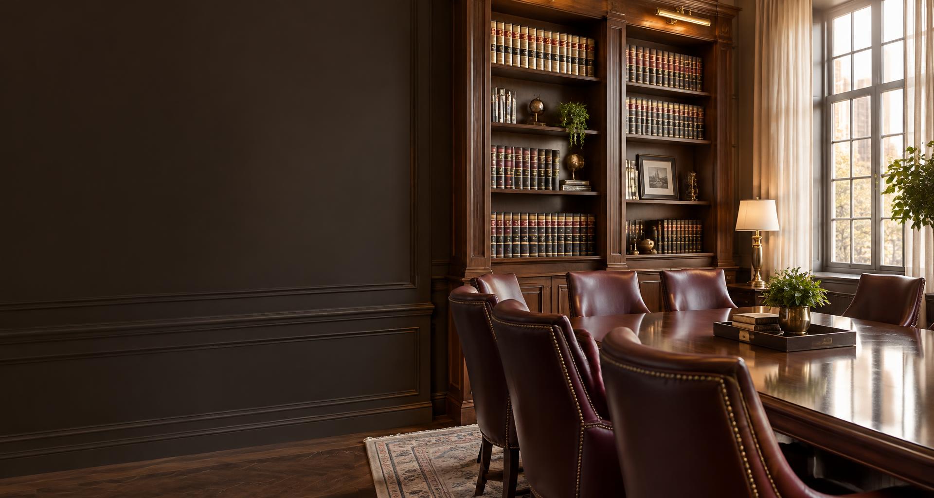 An elegant law firm library with burgundy leather chairs and a sunlit conference table